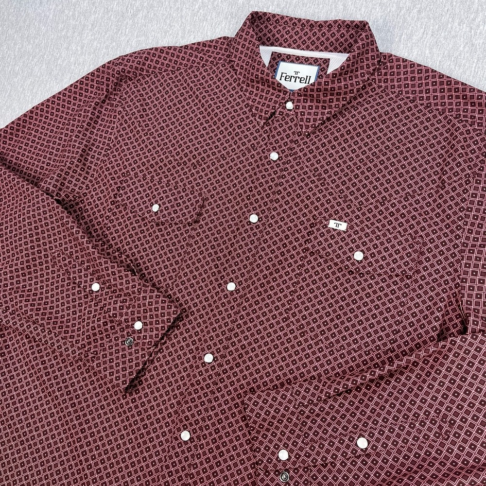 Ferrell Western Performance Pearl Snap Shirt Mens 2XL Maroon Red Diamond Pattern